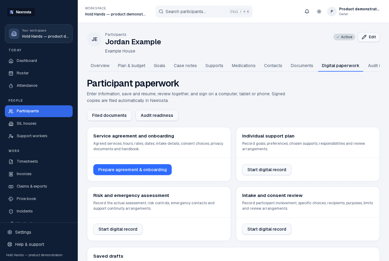 Actual Nexrosta configured participant paperwork with synthetic demonstration records